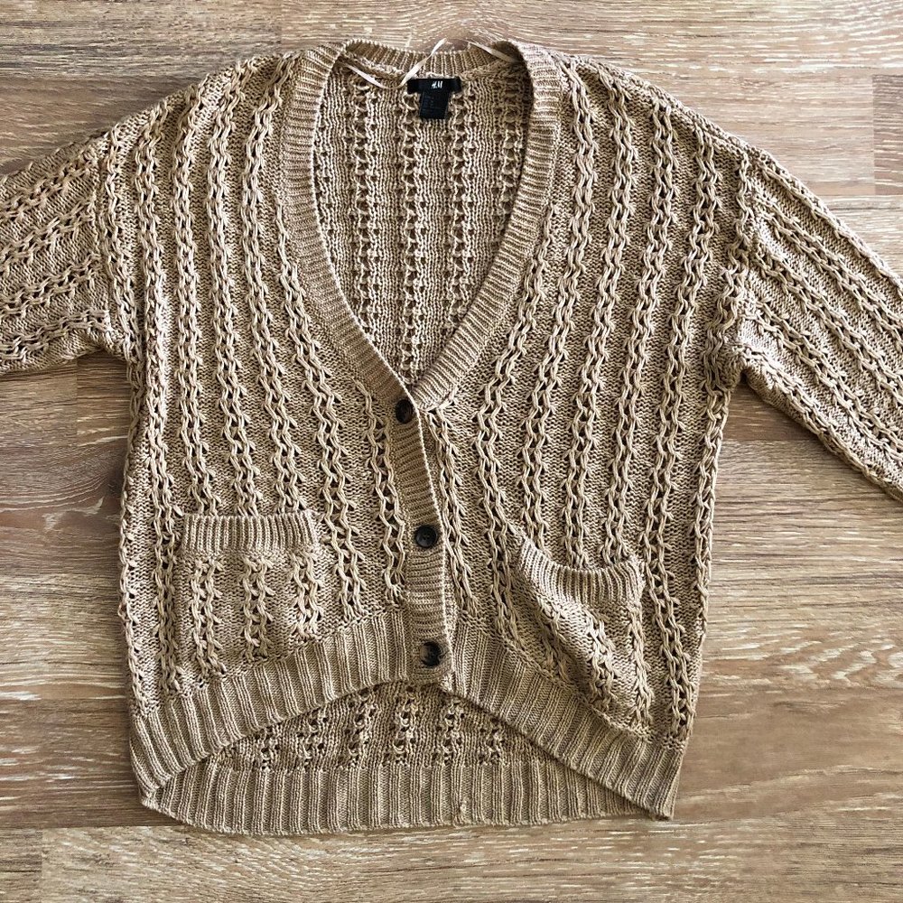 H&M Open Knit Crochet Button Front Tan Camel Brown Sweater Size Medium